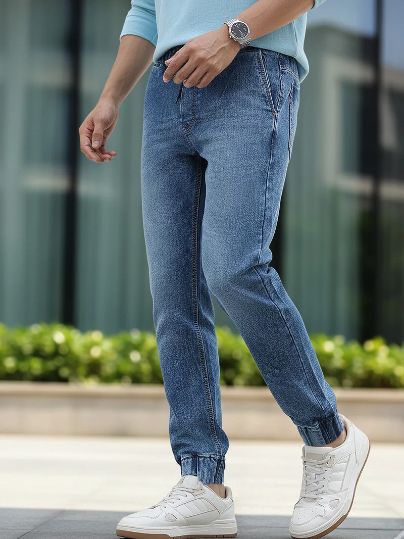 Urbano Fashion Men's Blue Washed Jogger Jeans Slim Fit Stretch